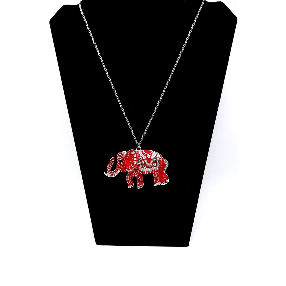 Red Enamel Elephant Pendant Necklace Silver Tone Crystal 20in